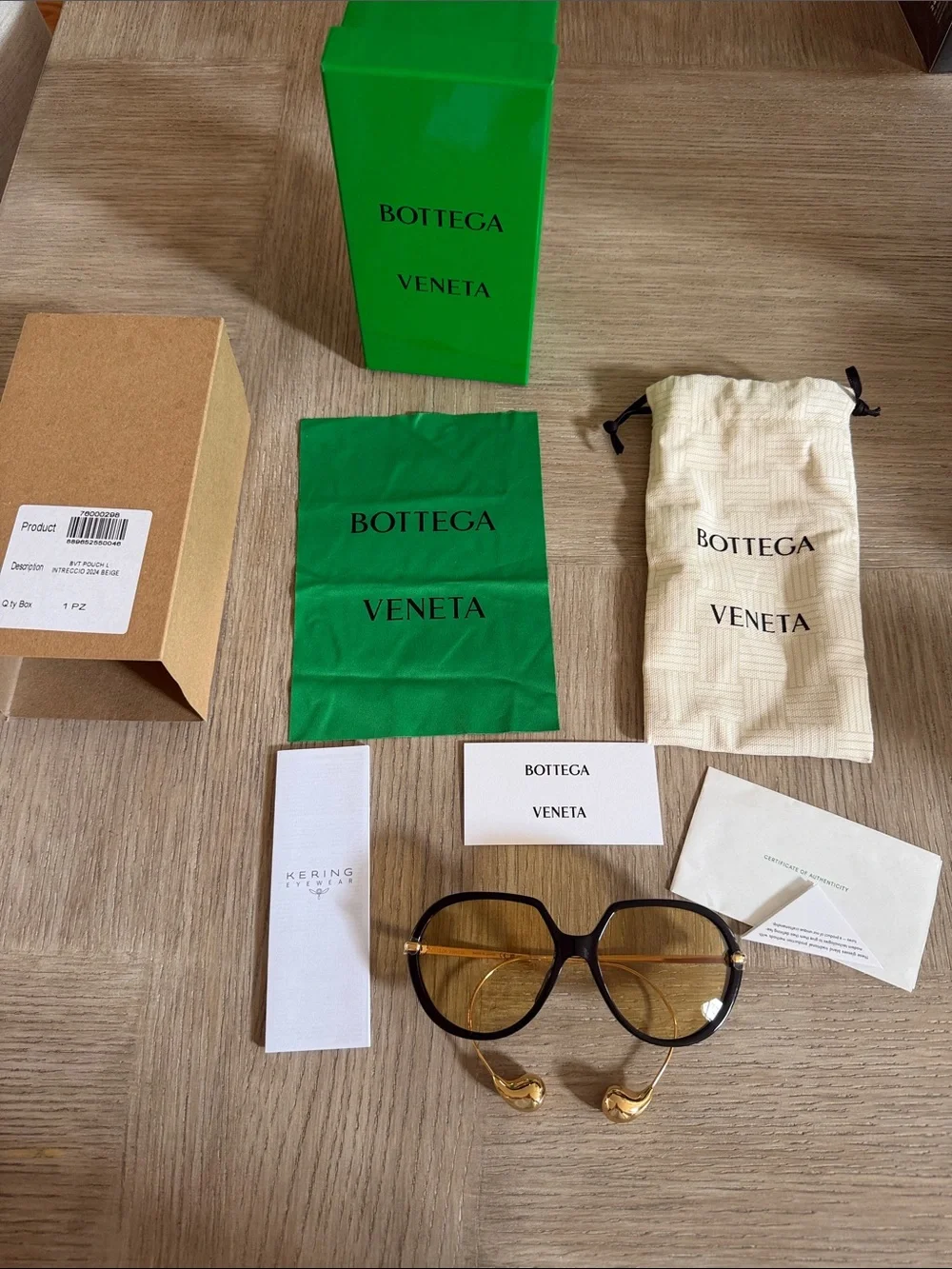 NEW in Box Bottega Veneta Black and Gold 60mm Round Drop Sunglasses